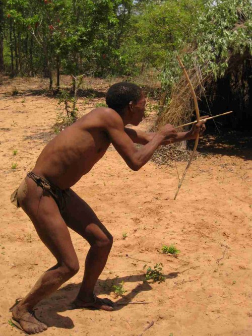 Ein San-Jäger führt seinen Umgang mit Pfeil und Bogen vor.
